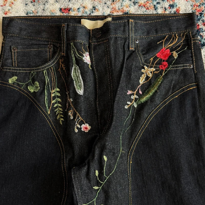 Y2K Blossom Baggy Jeans Trendy Floral Embroidery Streamlined Seams Unisex Streetwear Retro Harajuku Style Oversized Fit Pants