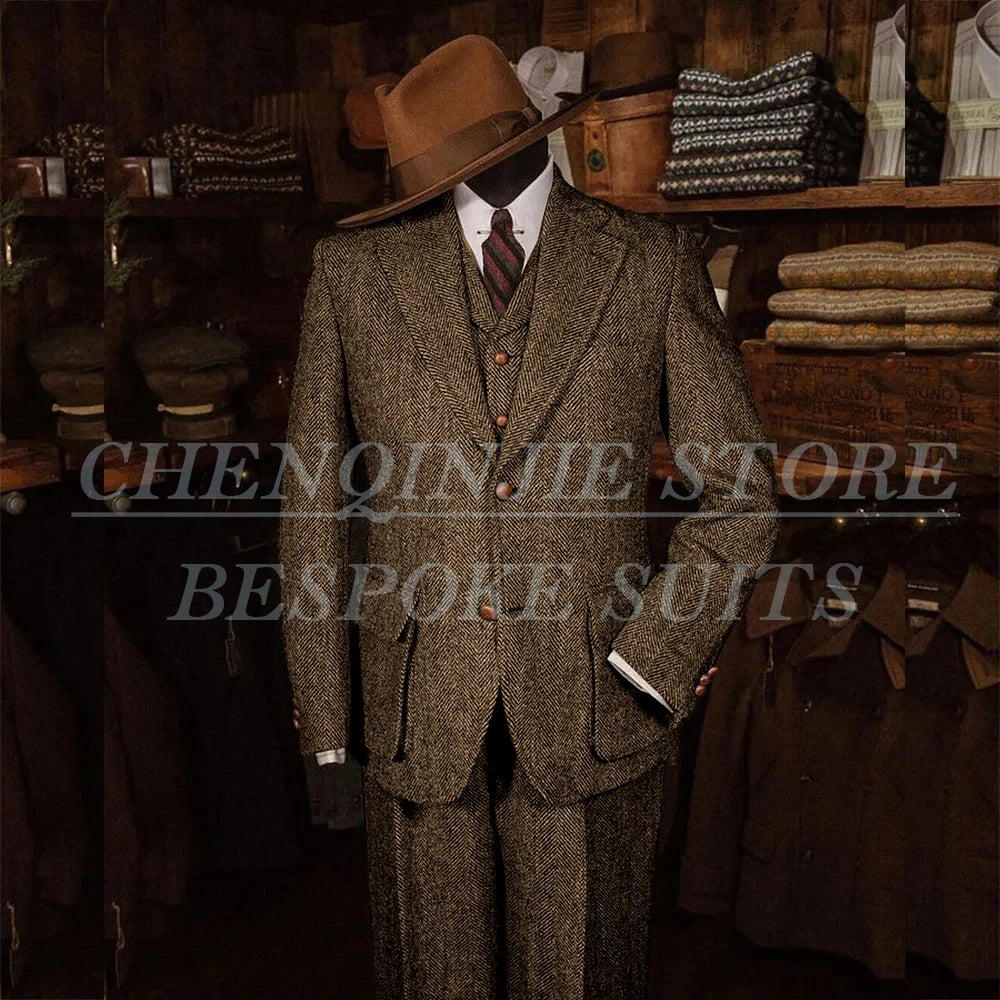 Elegant Tweed Men's Suits for Winter Single Breasted Notch Lapel Slim Fit Male Clothing High Quality 3 Piece Jacket Pants Vest