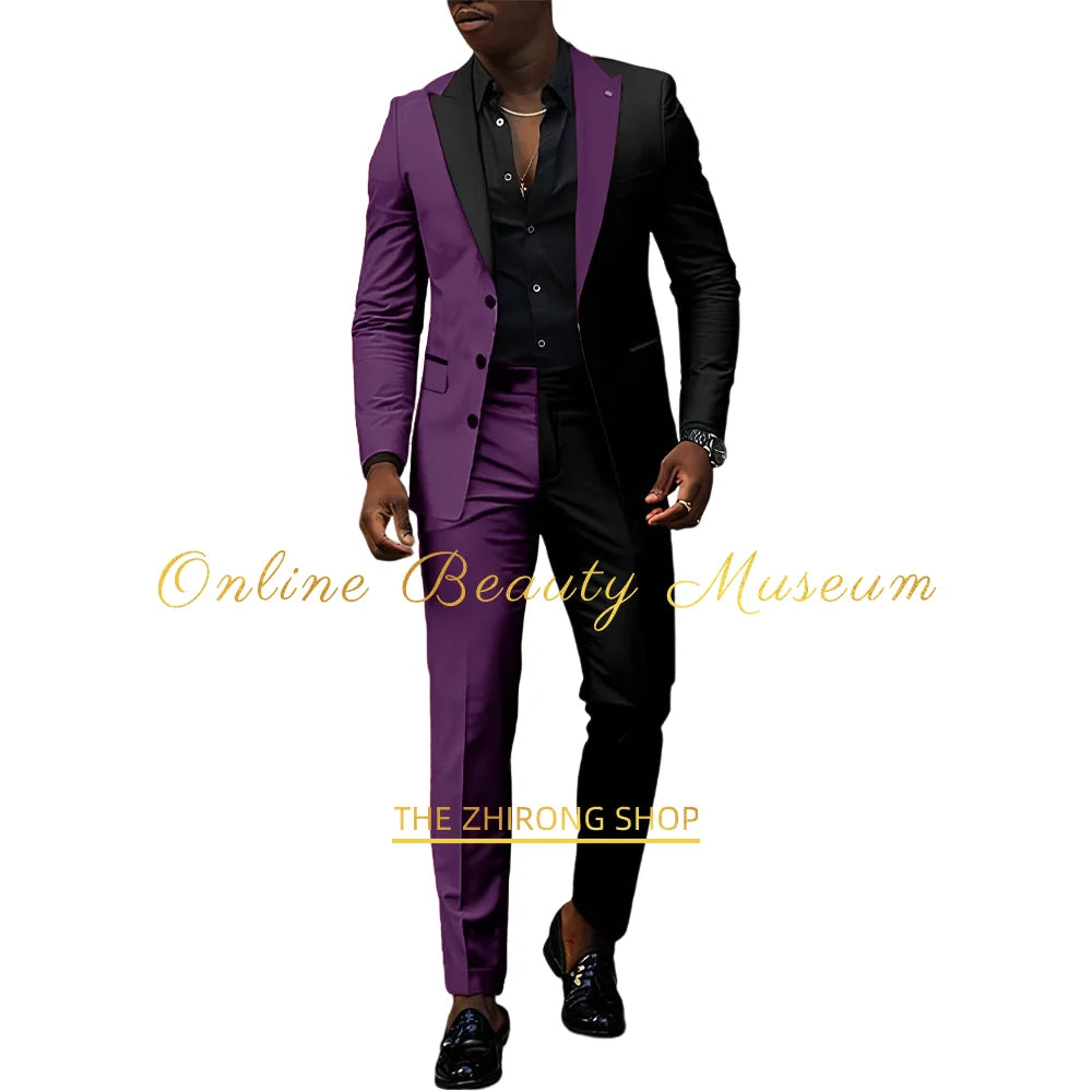 Fashion men's suit 2-piece set (jacket+pants) red-black peak lapel blazer wedding cocktail birthday party custom homme tuxedo