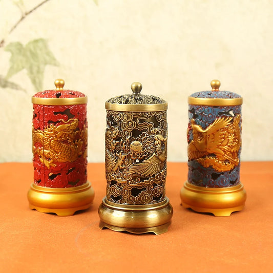 Copper Dragon-Phoenix Incense Burner, Large brass vertical incense tube, Home Living Room Buddha Hall Aroma Ornament, Home decor