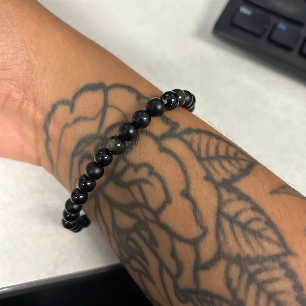 Triple Protection Bracelet, Black Natural stone bracelet, Golden obsidian Bracelet,，Adjustable beaded bracelet，1pc