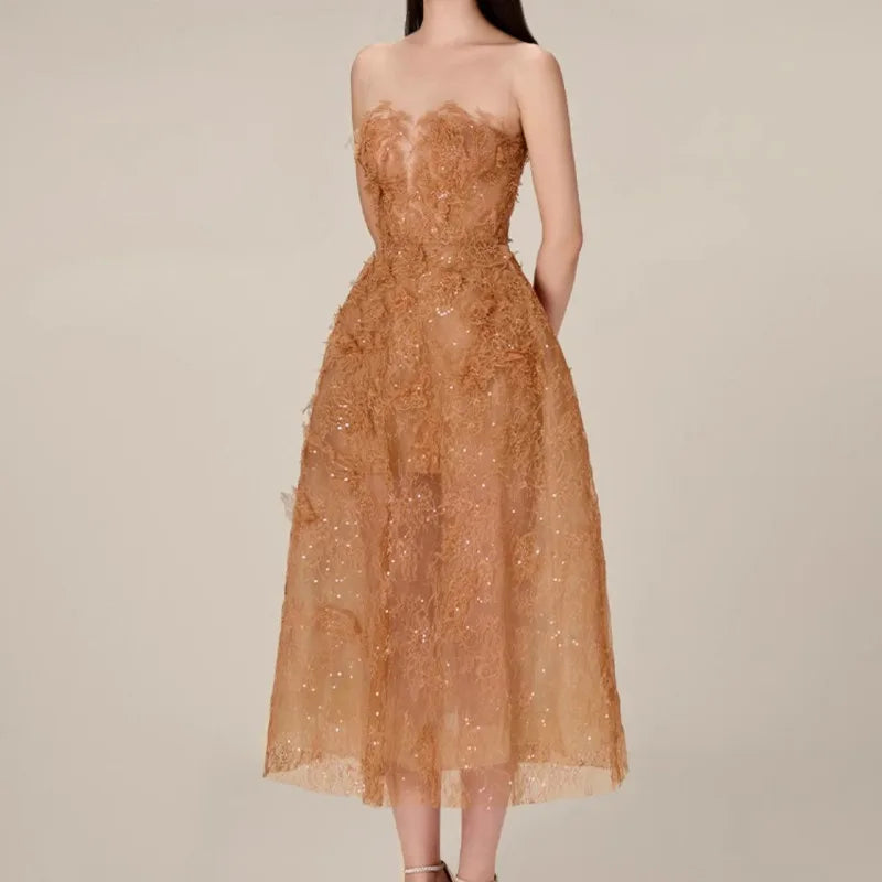 Khaki Lace Dress Women Runway Design 20234 Sleeveless Elegant Clothing Female High Waisted O-neck Evening Dresses