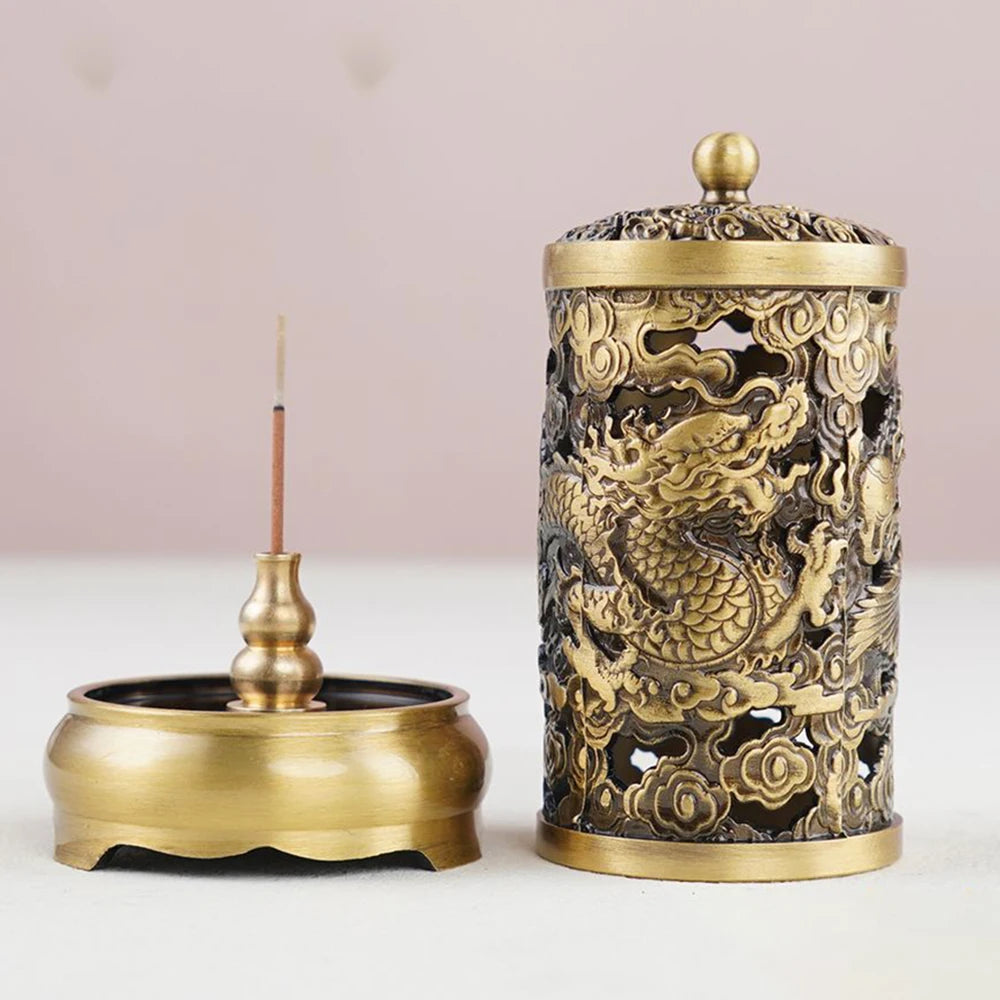 Copper Dragon-Phoenix Incense Burner, Large brass vertical incense tube, Home Living Room Buddha Hall Aroma Ornament, Home decor