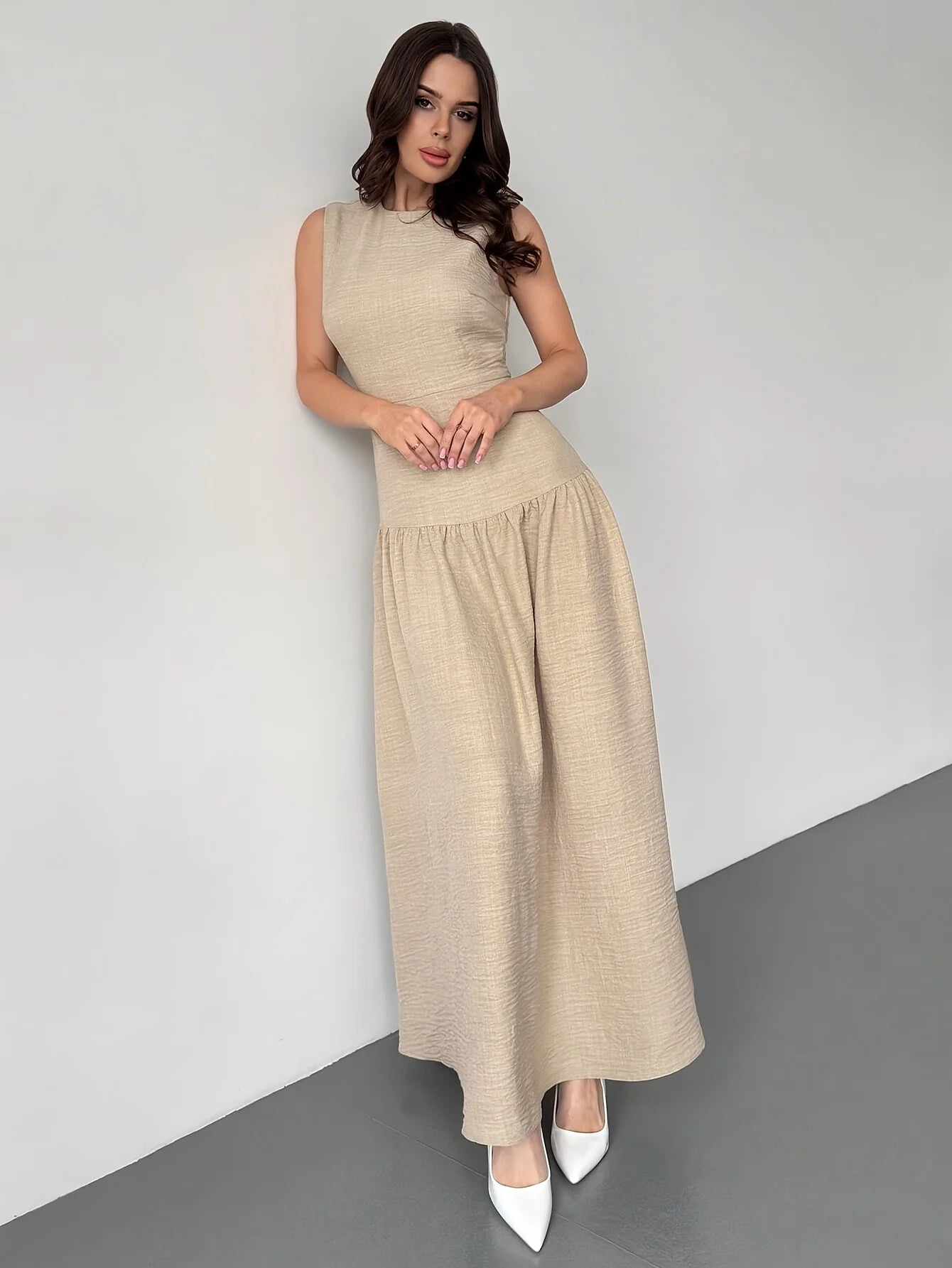 2025Ladies' elegant linen A-line cinched-waist long dress