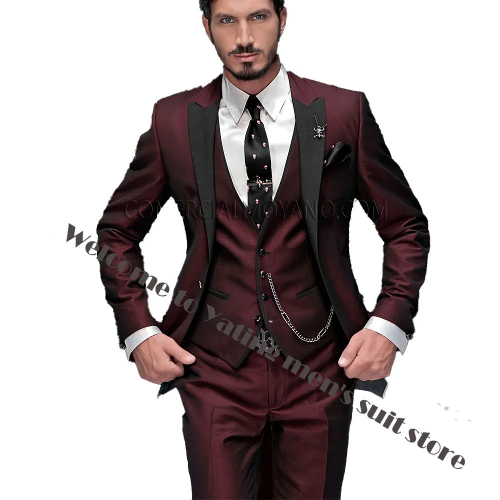 2024 New Men's Suit Wedding Tuxedo Groom Jacket Pants Vest Three-piece Set Elegant Men Blazer Wine Red Formal Outfit