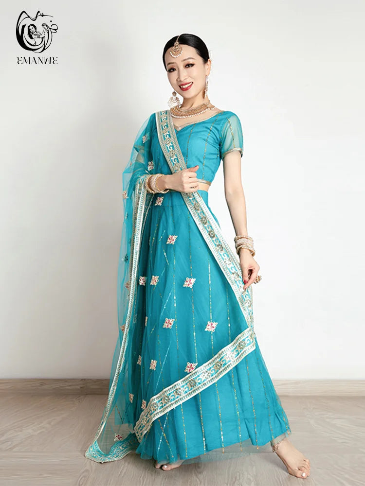 Exotic Indian Dance Costume Ethnic Style Women's Bollywood Belly Dance Dress Sari Top Large Swing Skirt  Set