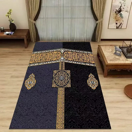 Mecca Kaaba Islamic Prayer Mat Gold Blue Arabesque Pattern Carpet Rug for Muslim Worship Home Decoration Rugs Living Room