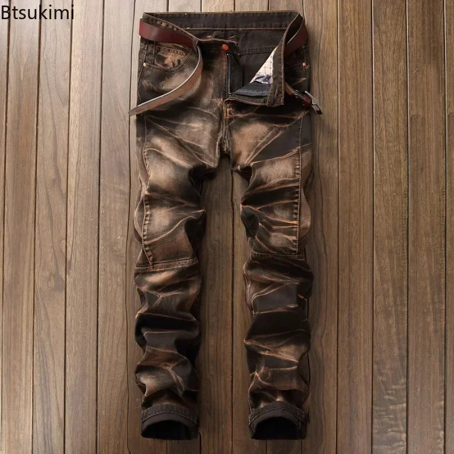 2026 Men's Fashion Vintage Jeans Slim Straight Leg Tie Dye Pleated Biker Denim Pants Male Casual Pants Oversized 42 High Quality