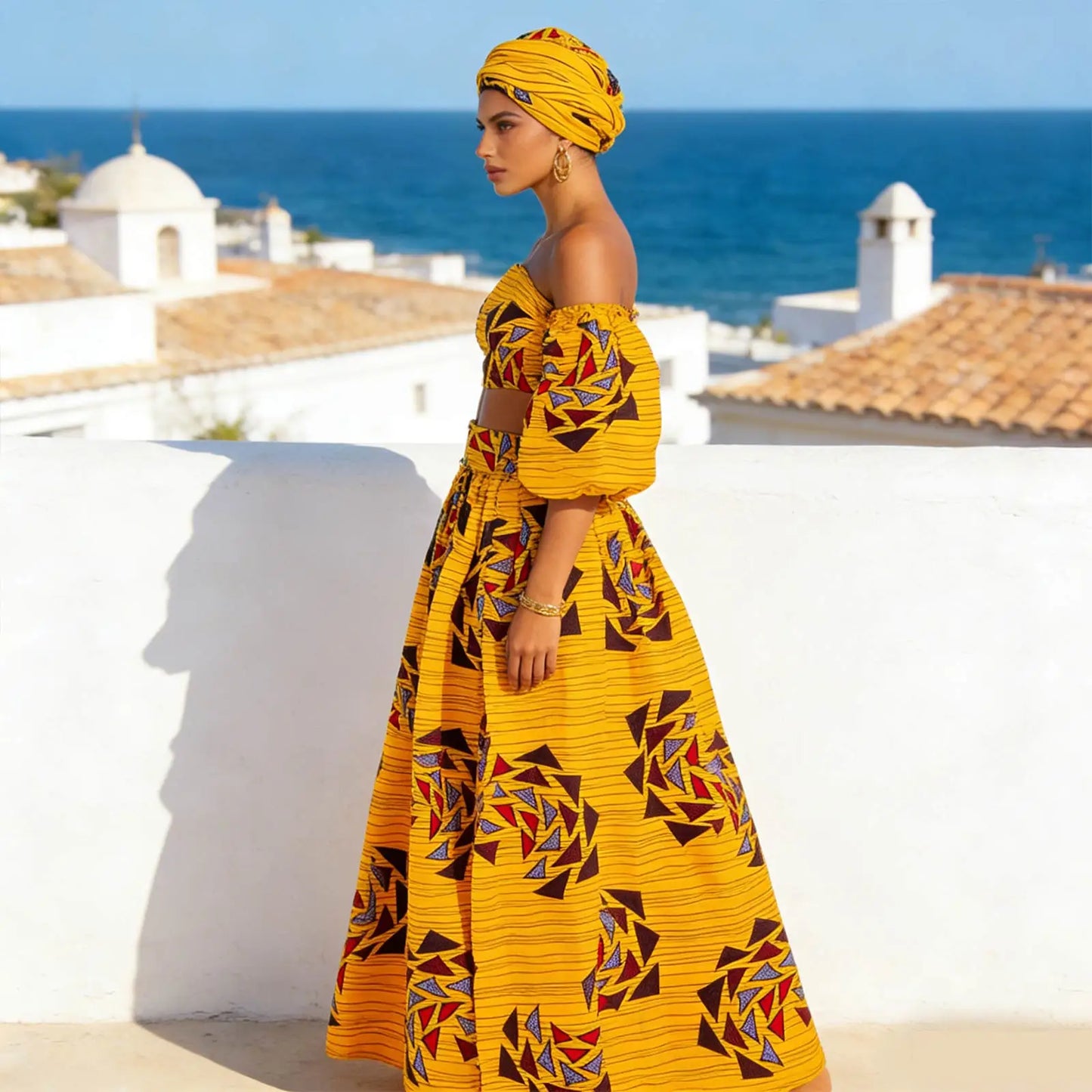 African Women Sexy Sets Two Pieces 2024 Ankara Print Tube Top High Slit Skirt Free Headscarf Female Outfits Women Dress 2426016