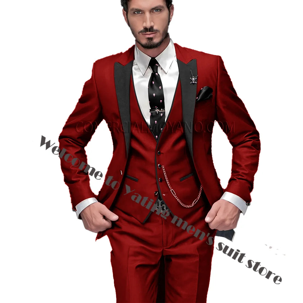2024 New Men's Suit Wedding Tuxedo Groom Jacket Pants Vest Three-piece Set Elegant Men Blazer Wine Red Formal Outfit