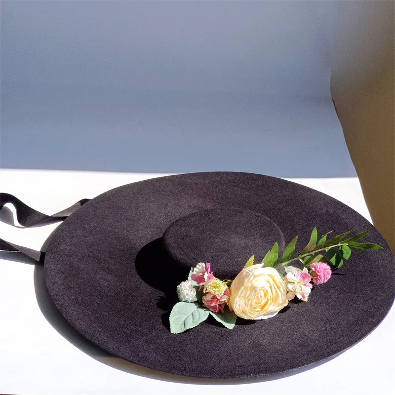 Cherub Sunday Best Easter Sunday satisfaction/Bridal Hat White Simulation Flower Wool Hat Removable Flat Top Female Spring/Winter Strap Included