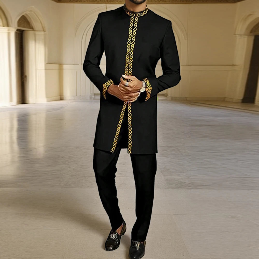 African Traditional Men Suit Printed Shirt Top Elastic Waist Pants White Wedding 2 Piece Set Outfits Ethnic Style Costumes