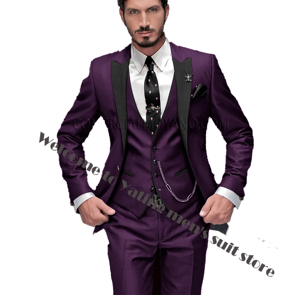2024 New Men's Suit Wedding Tuxedo Groom Jacket Pants Vest Three-piece Set Elegant Men Blazer Wine Red Formal Outfit