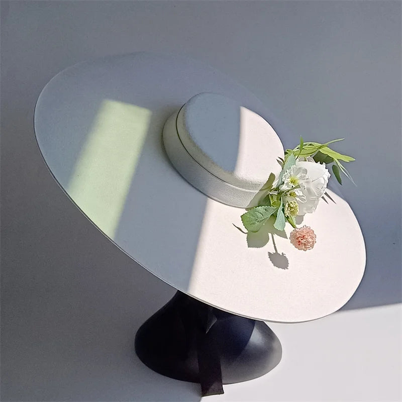 Cherub Sunday Best Easter Sunday satisfaction/Bridal Hat White Simulation Flower Wool Hat Removable Flat Top Female Spring/Winter Strap Included