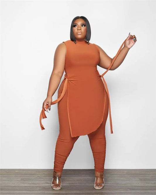 Cherub Casual Plus Size Women Clothing Two Piece Outfits Sleeveless Round Neck ,Crop Top Pants Urban set.