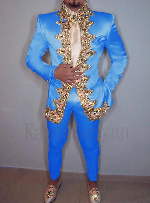 Men Suit 4K Two Piece (Jacket+Pants+Belt) Italian Stand Collar Slim Fit Wedding Suit for Men Custom Made /Embroidery Print Suit