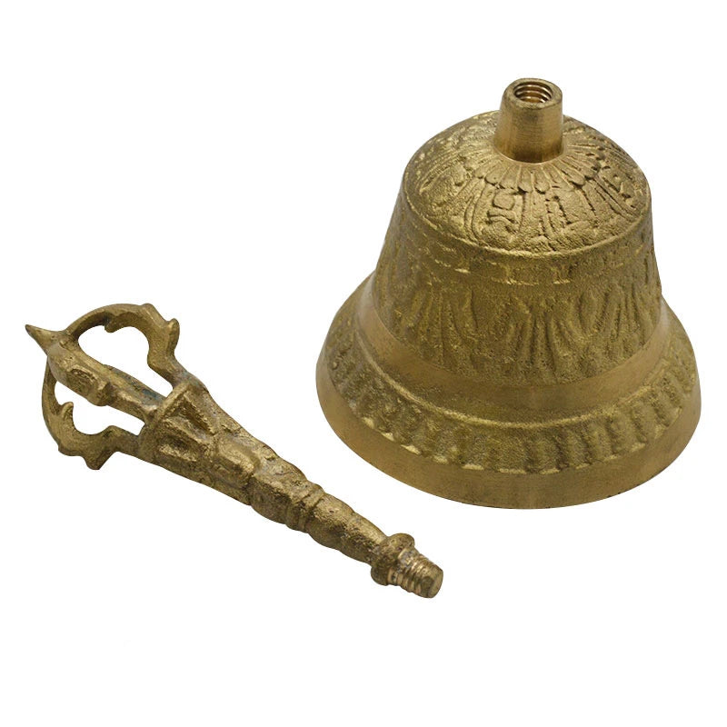 100% Brass Color Copper Handicraft Large Engraved Hand Bell Produces Loud and Clear Sound School Meditation Church Bronze Bell Creative Gift