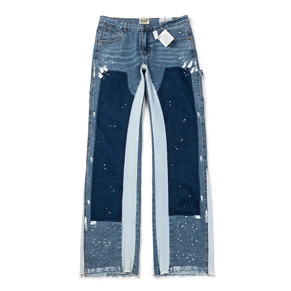 ALLUKASA 2025 Men's Fashion Jeans Work Pants European and American Fashion Workwear Elastic Patchwork Denim Layered Flared Pants