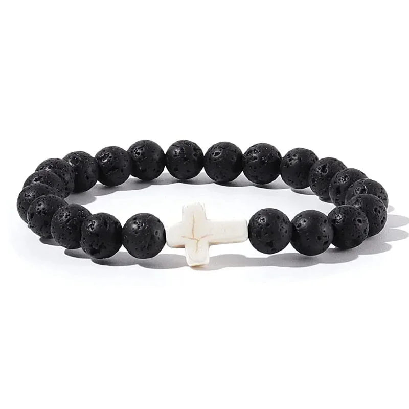 Prayer Men & Women Natural Stone Wood Beads Rosary Hematite Cross Onyx Meditation Bracelets. Spiritual Jewelry.