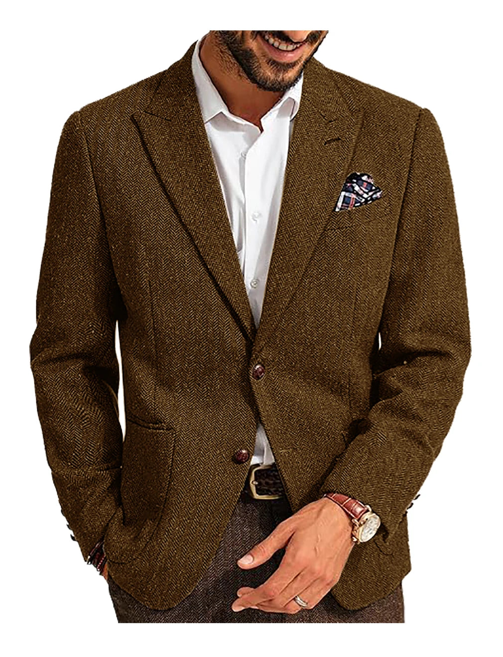 Cherub Men's Suit Brown Herringbone Blazer Prom Tuxedos Wool Tweed Single Breasted Two Buttons Business/Wedding ?Jacket