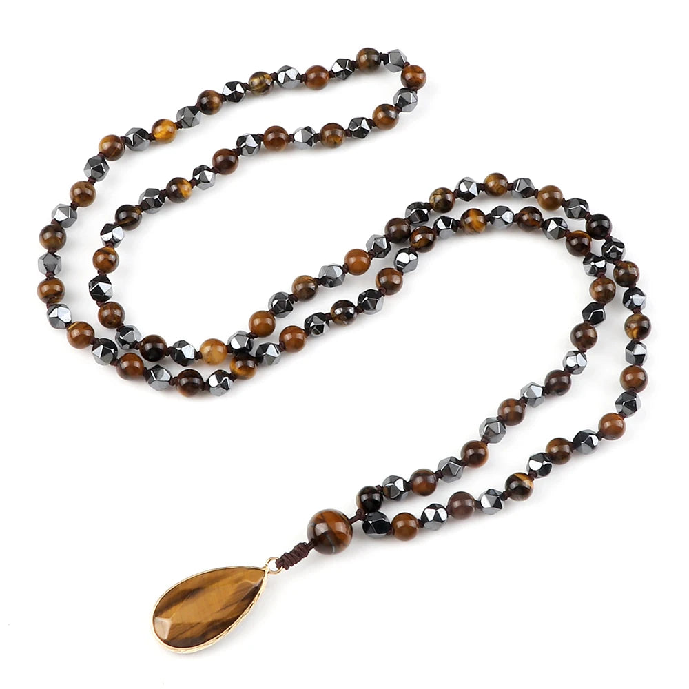 Men 108 Mala Beads Necklaces 6mm Natural Tiger Eye Stone Onyx Beads Prayer Necklace Drop Pendant Women Yoga Jewelry Gift