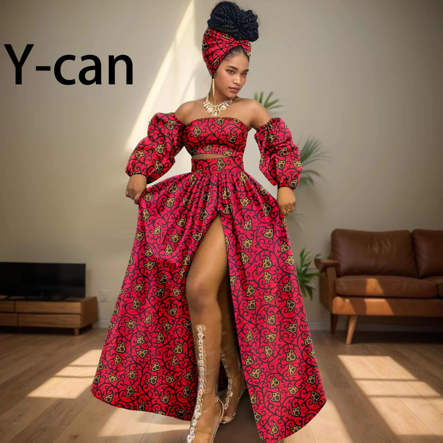 African Women Sexy Sets Two Pieces 2024 Ankara Print Tube Top High Slit Skirt Free Headscarf Female Outfits Women Dress 2426016