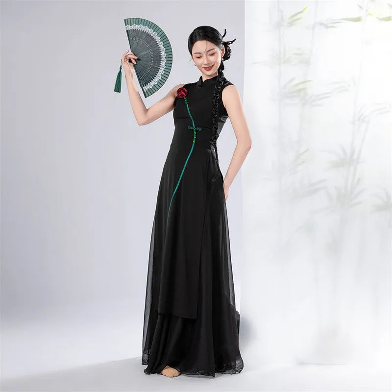 Cheongsam Dance Costume Chinese Traditional Folk National Dancer Performance Outfit Long Dress Rose Button WIde Leg Culottes