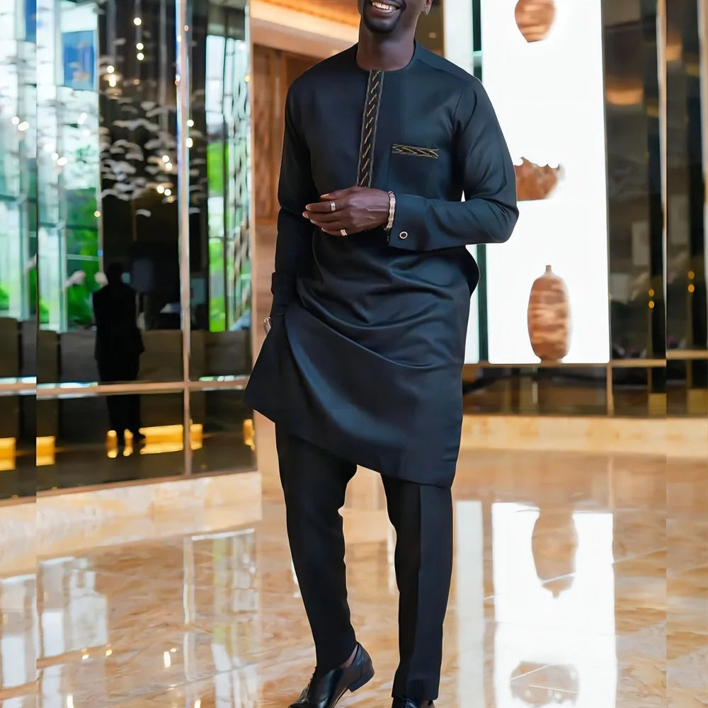 African Traditional Men Suit Printed Shirt Top Elastic Waist Pants White Wedding 2 Piece Set Outfits Ethnic Style Costumes