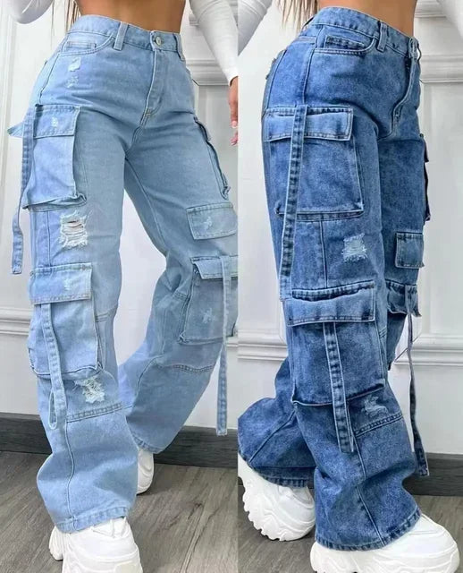 Fashionable Women Denim Trousers Solid Color Versatile Multi-pocket Casual Pants Large Size High Waist Jeans For Female 2025 New