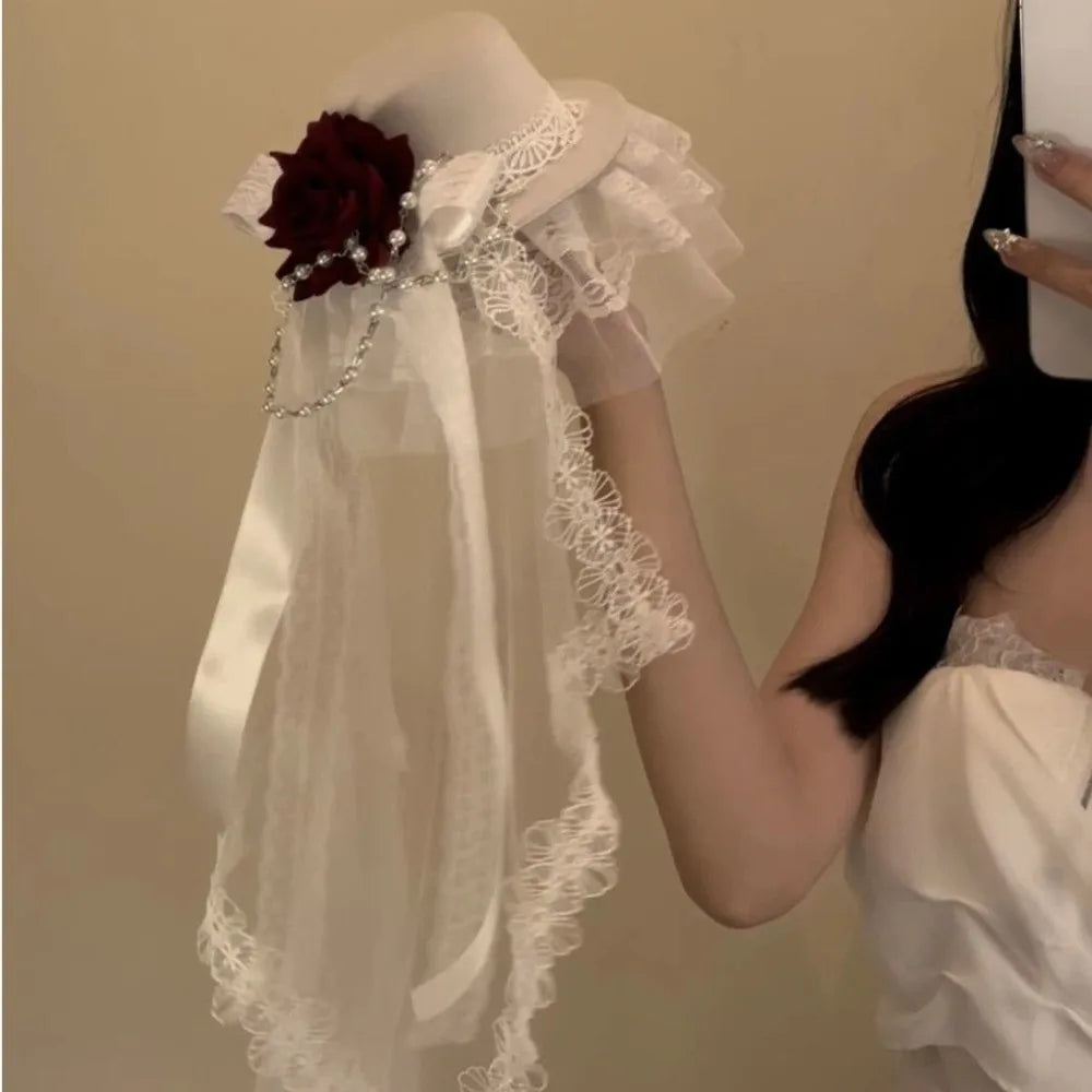 Cherub Flowers Bow Decor Funeral Home Going /Wedding Veil Rose Top Hat Black or White Cosplay Costume Lolita Headdress