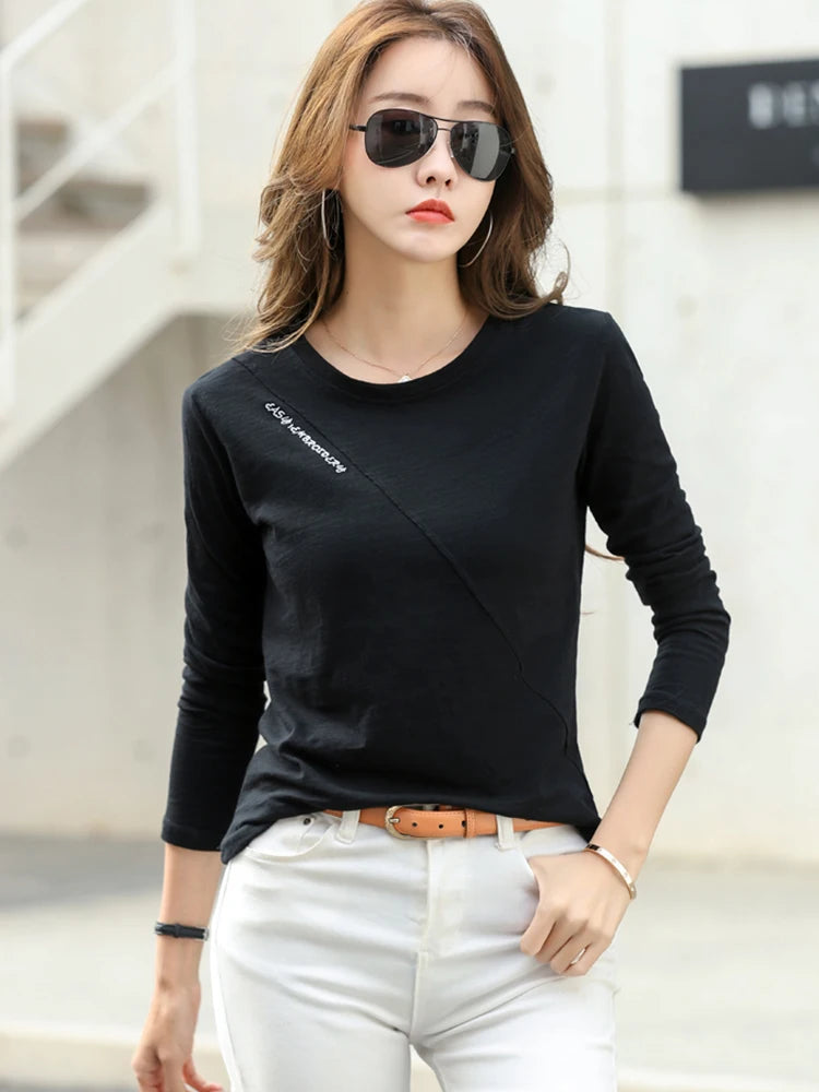 Cotton Women Tshirt Top Fashion Embroidery Long Sleeve O-Neck T-Shirts Female Casual Streetwear Shirt Solid Tops
