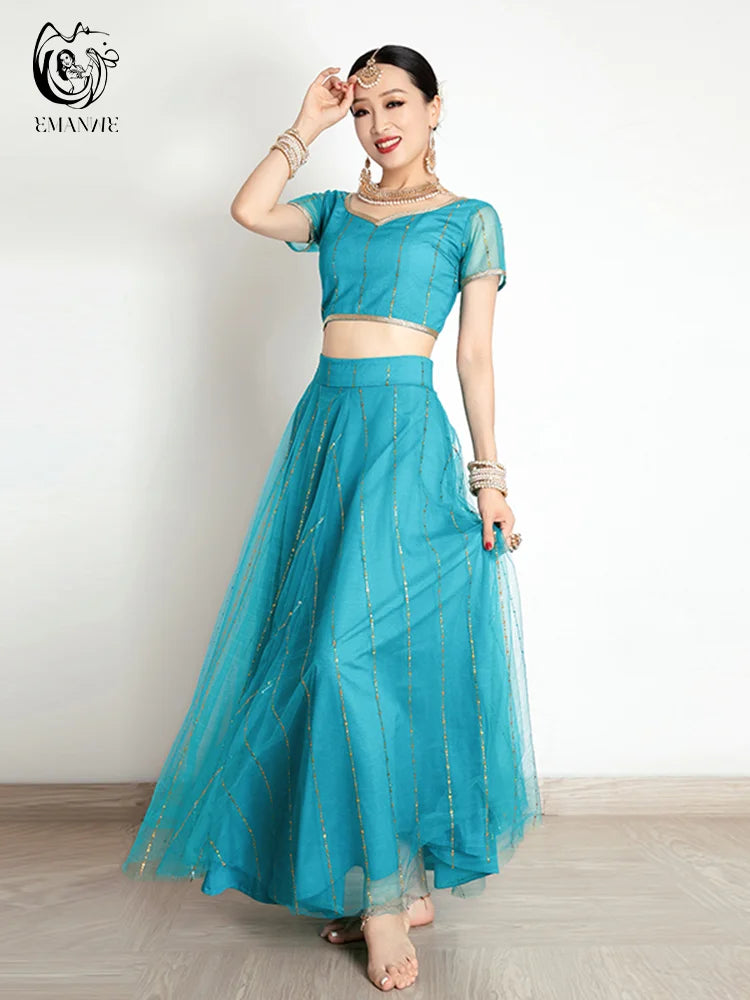Exotic Indian Dance Costume Ethnic Style Women's Bollywood Belly Dance Dress Sari Top Large Swing Skirt  Set