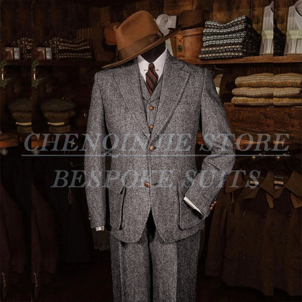 Elegant Tweed Men's Suits for Winter Single Breasted Notch Lapel Slim Fit Male Clothing High Quality 3 Piece Jacket Pants Vest