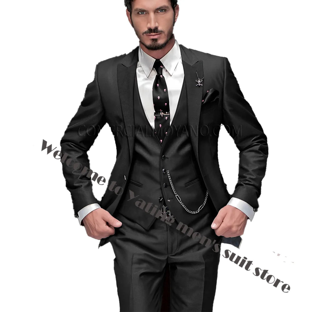 2024 New Men's Suit Wedding Tuxedo Groom Jacket Pants Vest Three-piece Set Elegant Men Blazer Wine Red Formal Outfit