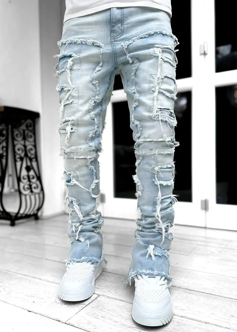 Urban Stacked Men's Regular Fit Jeans Ripped Slim Fit Patch Distressed Destroyed Straight Denim Pants Hip Hop Trouser Cloth