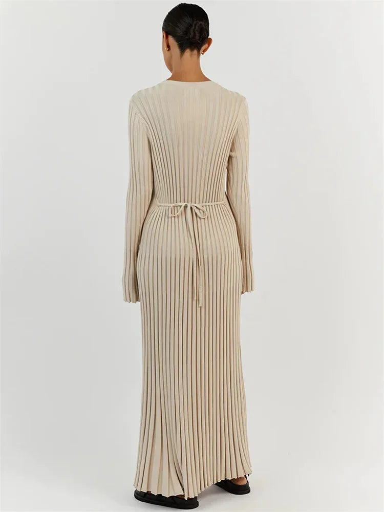 Cherub Pleated Lace-Up Female Knit Maxi Dress/ Autumn