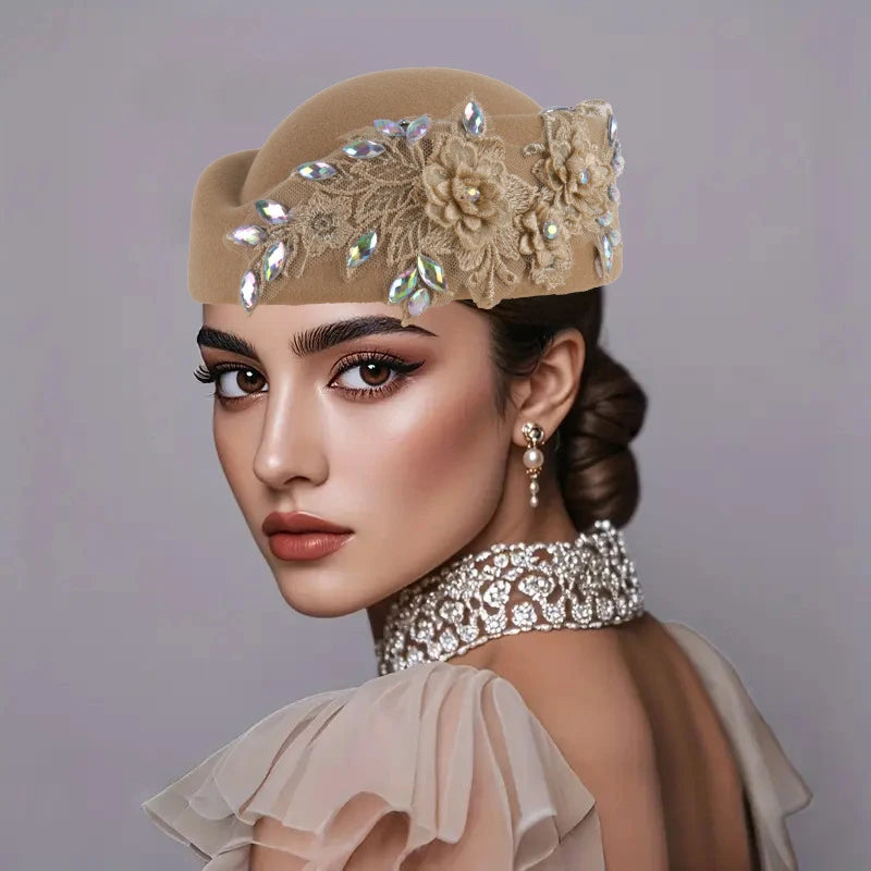 Cherub Vintage Women's Church Sundays Best Fascinator Hat W/Flower and Rhinestone Headdress Soft Beret Cap /Party Wedding Prom