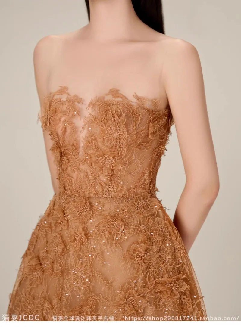 Khaki Lace Dress Women Runway Design 20234 Sleeveless Elegant Clothing Female High Waisted O-neck Evening Dresses