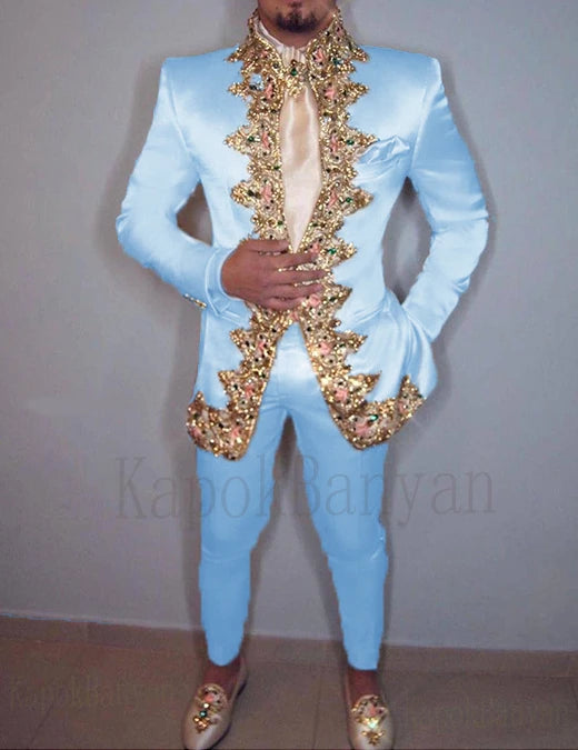 Men Suit 4K Two Piece (Jacket+Pants+Belt) Italian Stand Collar Slim Fit Wedding Suit for Men Custom Made /Embroidery Print Suit