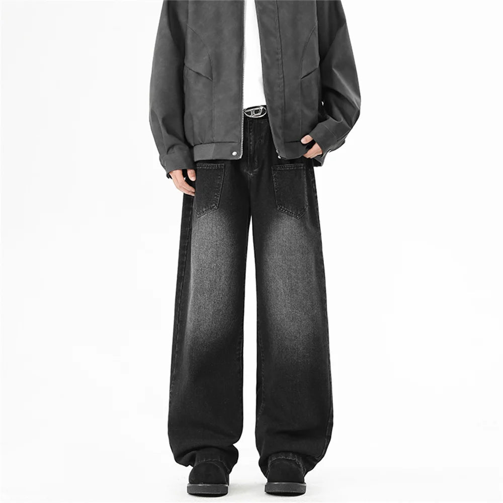Wide-leg Retro Washed Denim Pants for Men Streetwear Jeans Man Fashionable Loose Straight-leg Jean Pants for All Four Seasons