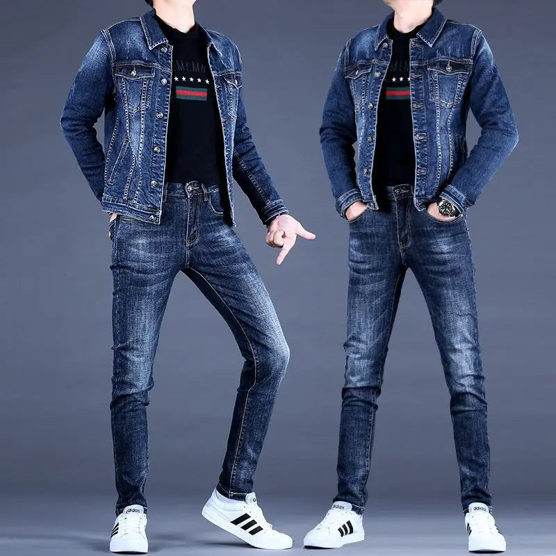 Luxury Brand Men's with Denim Suit Men's 2025 New Autumn and Winter High-end Trendy Casual Jacket Top Versatile Jeans Jacket Set