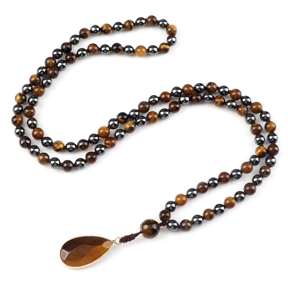 Men 108 Mala Beads Necklaces 6mm Natural Tiger Eye Stone Onyx Beads Prayer Necklace Drop Pendant Women Yoga Jewelry Gift