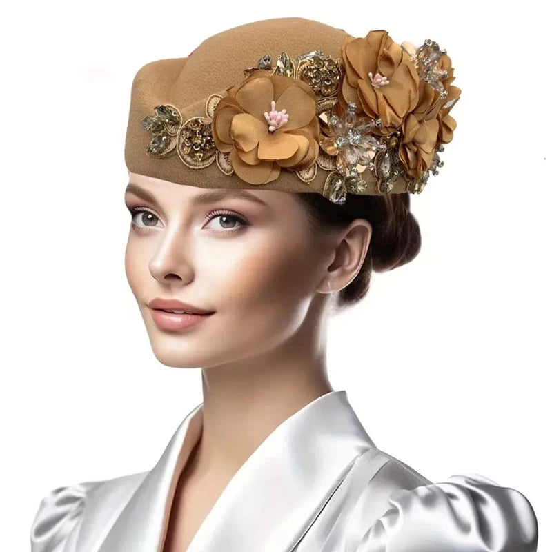 Cherub Vintage Women's Church Sundays Best Fascinator Hat W/Flower and Rhinestone Headdress Soft Beret Cap /Party Wedding Prom