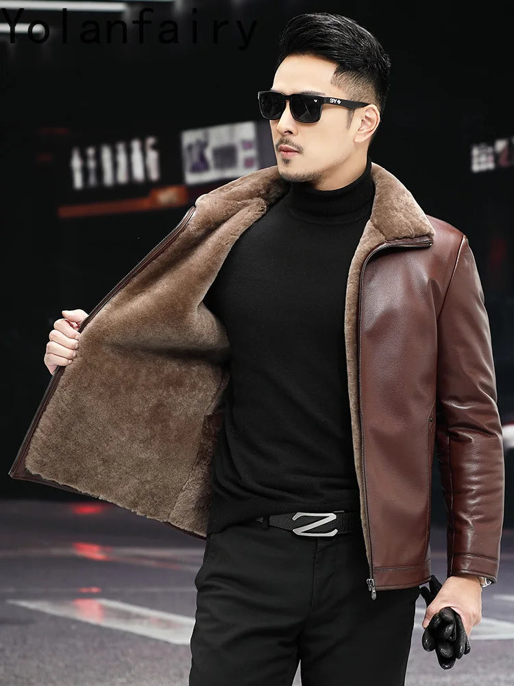 YOLAN FAIRY High Quality Real Goatskin Leather Jackets Man Winter Wool Lining Fur Coat Short Lapel Genuine Leather Jacket Men