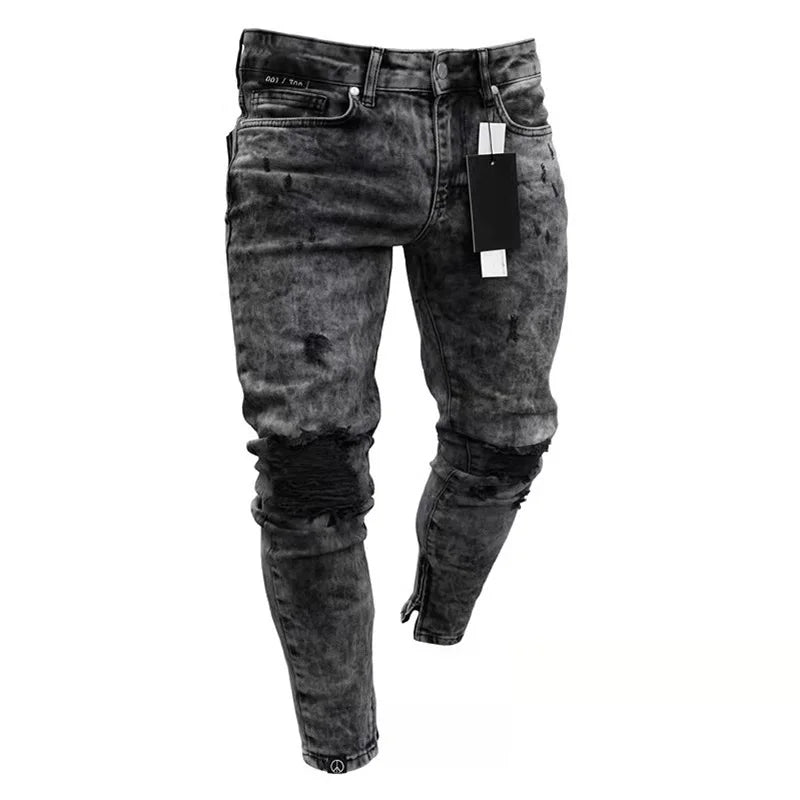 Men European American Style High Urban Ripped Hip Hop Stylish Skinny Jeans High Quality Holes Casual Cotton Pencil Denim Pants