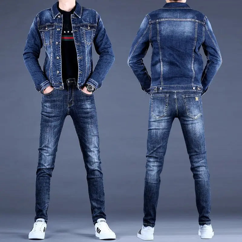 Luxury Brand Men's with Denim Suit Men's 2025 New Autumn and Winter High-end Trendy Casual Jacket Top Versatile Jeans Jacket Set