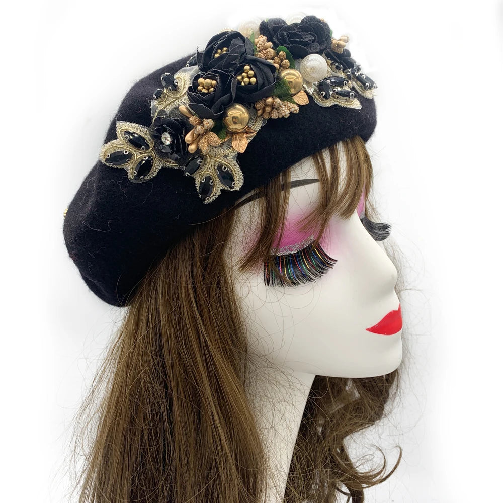 Cherub 2024 Winter Autumn Women's Beret Hat/Flower Diamonds Lady Cap French style considered Sunday's best