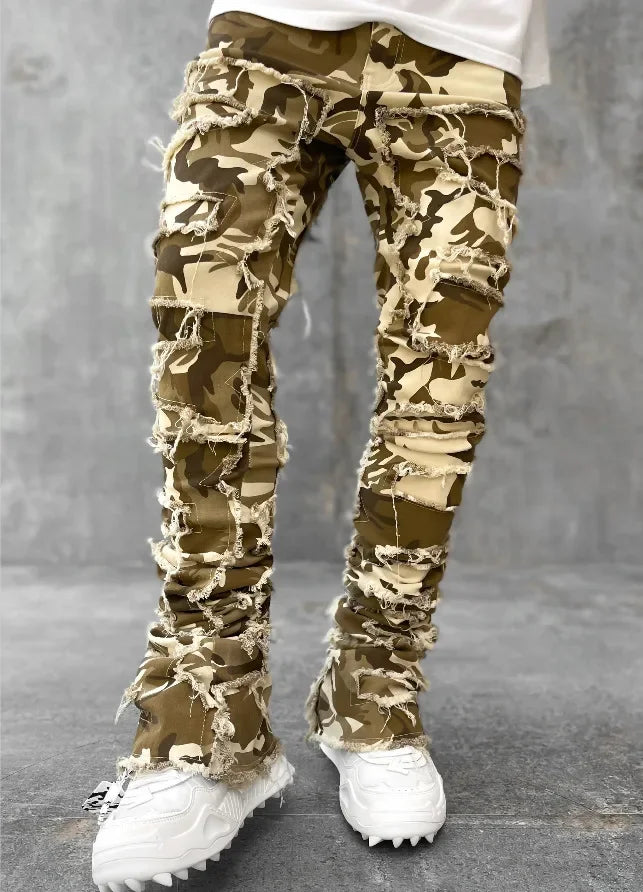 Urban Stacked Men's Regular Fit Jeans Ripped Slim Fit Patch Distressed Destroyed Straight Denim Pants Hip Hop Trouser Cloth