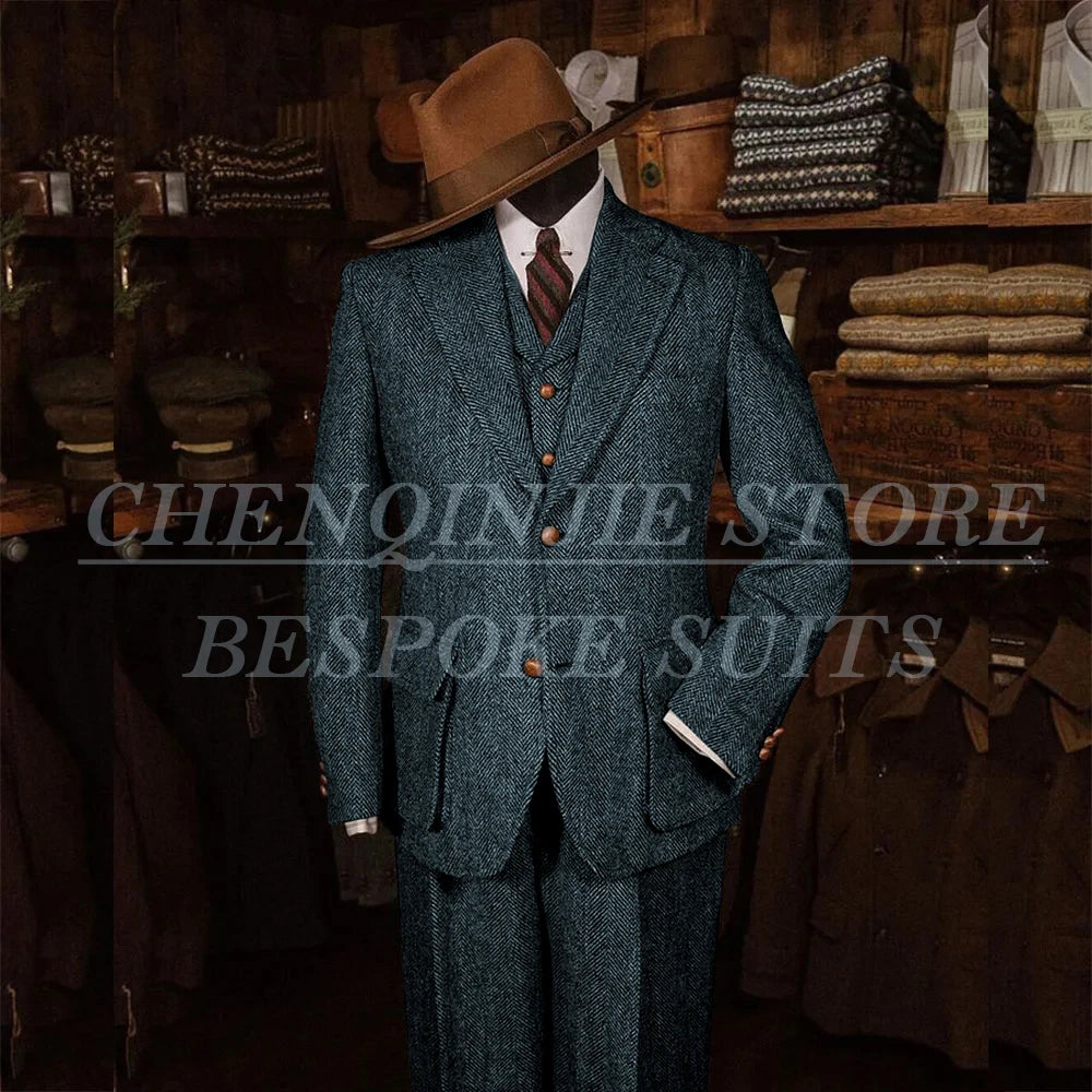 Elegant Tweed Men's Suits for Winter Single Breasted Notch Lapel Slim Fit Male Clothing High Quality 3 Piece Jacket Pants Vest