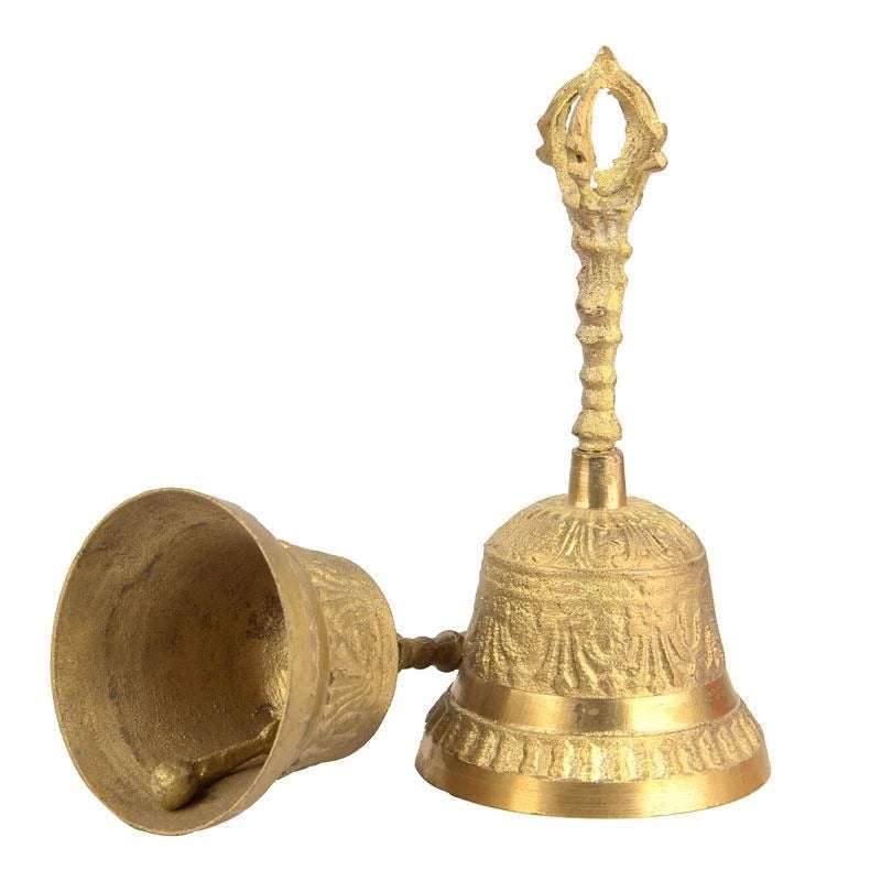 100% Brass Color Copper Handicraft Large Engraved Hand Bell Produces Loud and Clear Sound School Meditation Church Bronze Bell Creative Gift